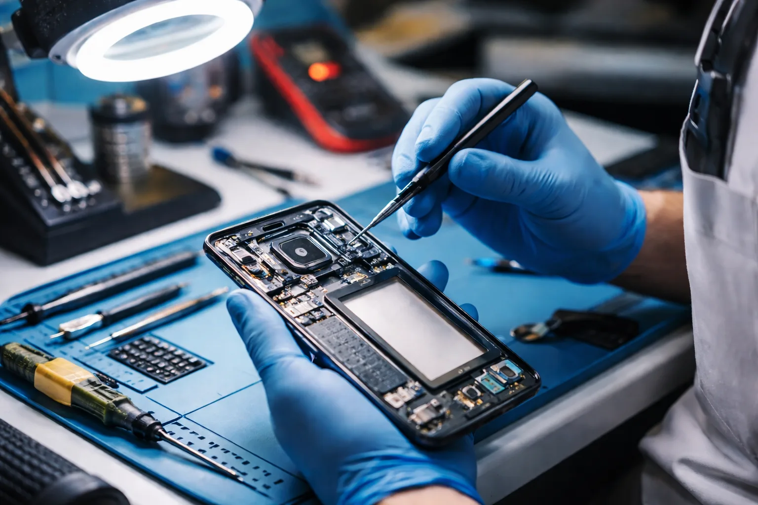 Android screen repair — cracked Samsung and Android phone being repaired at Electronics Garden Repair NYC